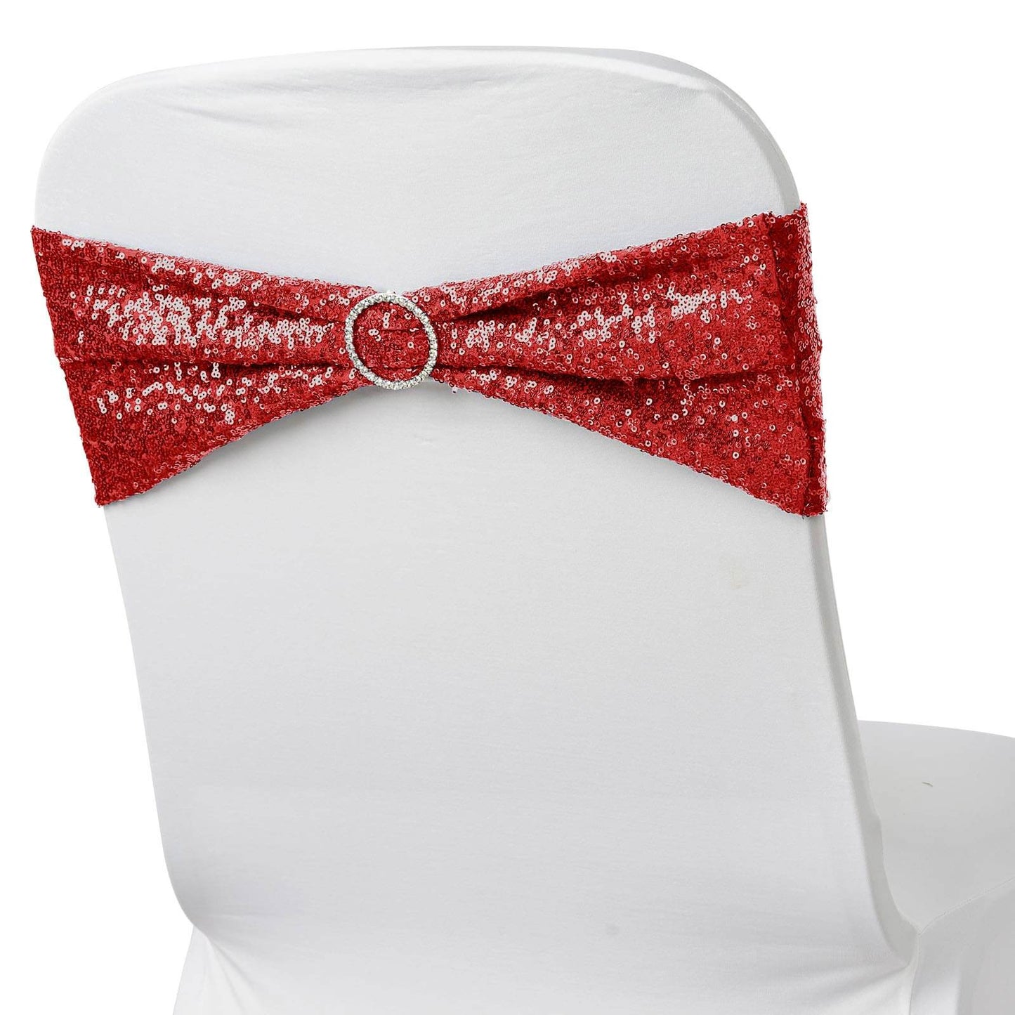5 Pack Sequin Spandex Chair Sashes Red - Stretch Chair Bands 6"x15" - Linen Luxes