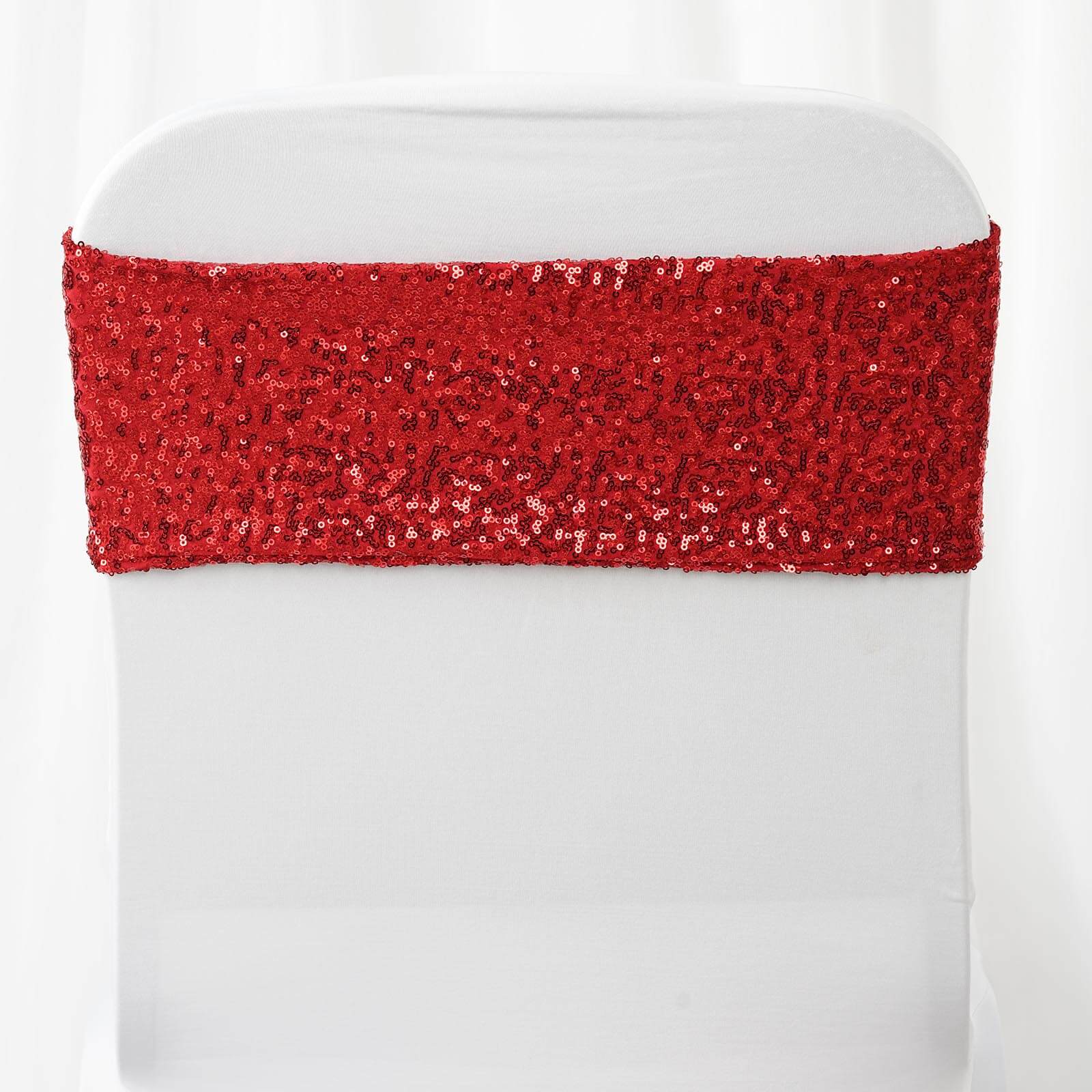 5 Pack Sequin Spandex Chair Sashes Red - Stretch Chair Bands 6"x15" - Linen Luxes