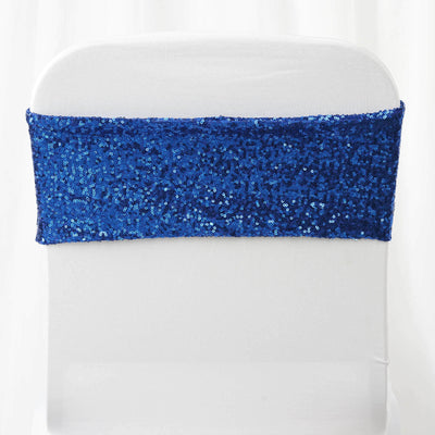 5 Pack Sequin Spandex Chair Sashes Royal Blue - Stretch Chair Bands 6"x15" - Linen Luxes