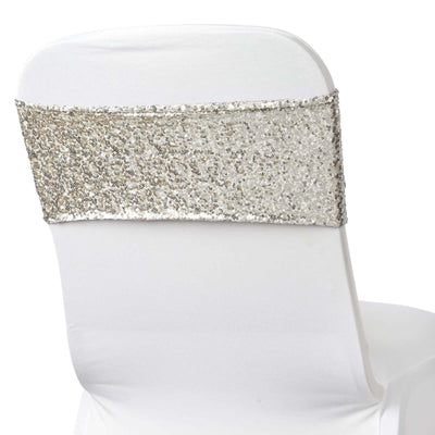 5 Pack Sequin Spandex Chair Sashes Silver - Stretch Chair Bands 6"x15" - Linen Luxes