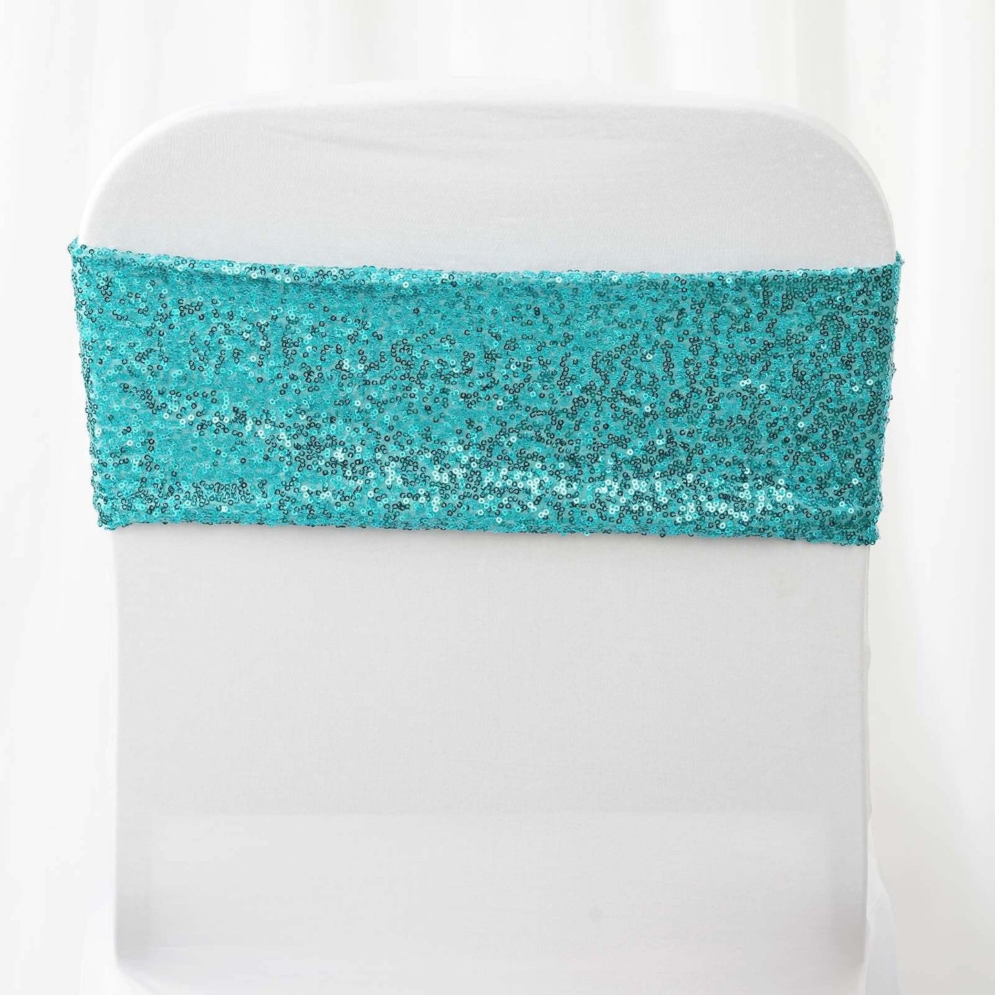 5 Pack Sequin Spandex Chair Sashes Turquoise - Stretch Chair Bands 6"x15" - Linen Luxes