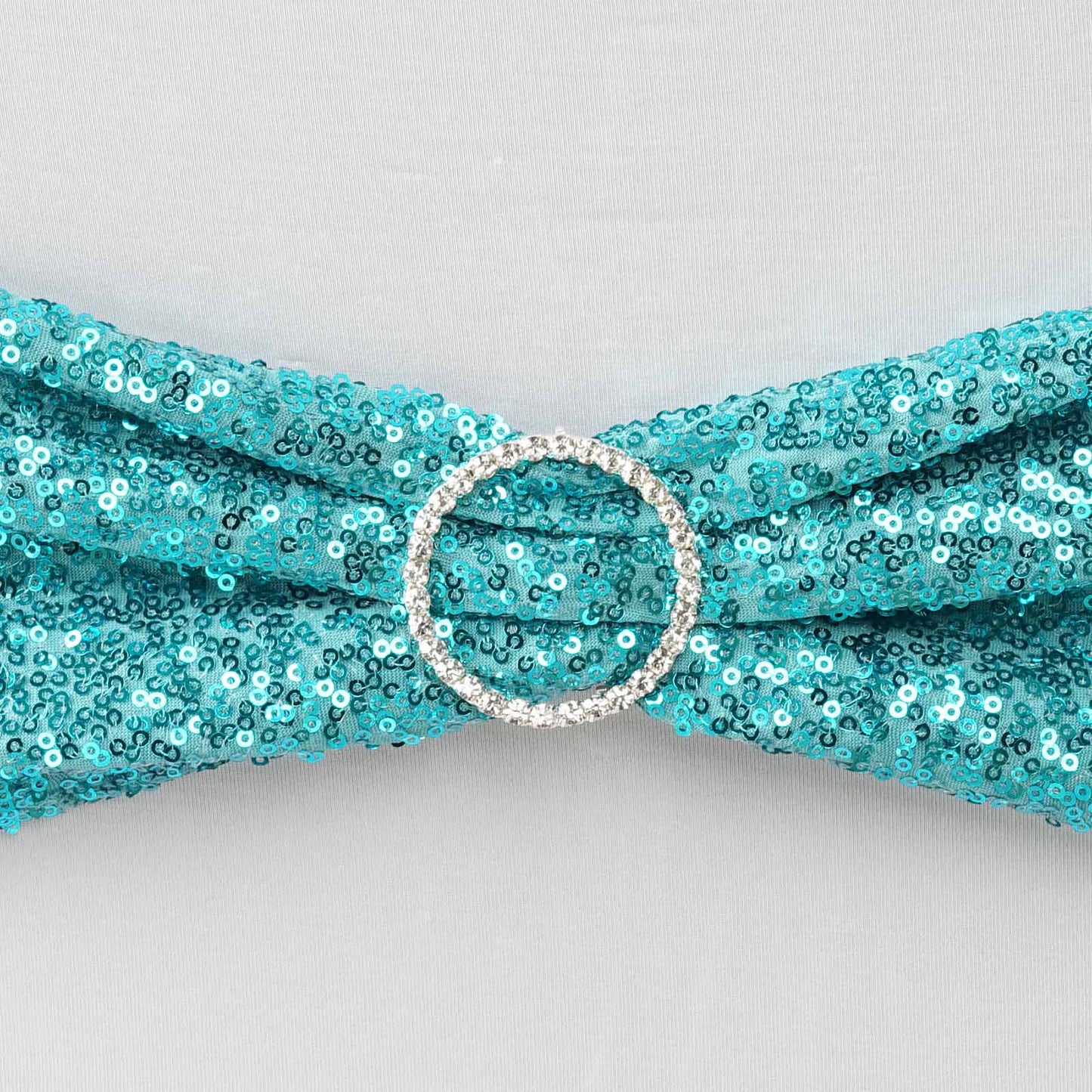 5 Pack Sequin Spandex Chair Sashes Turquoise - Stretch Chair Bands 6"x15" - Linen Luxes