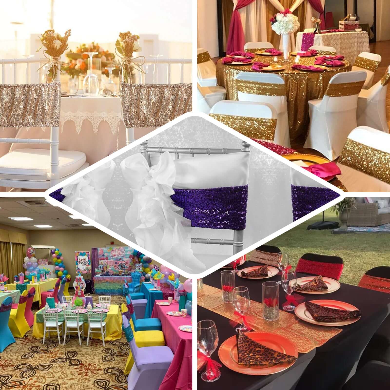 5 Pack Sequin Spandex Chair Sashes Turquoise - Stretch Chair Bands 6"x15" - Linen Luxes