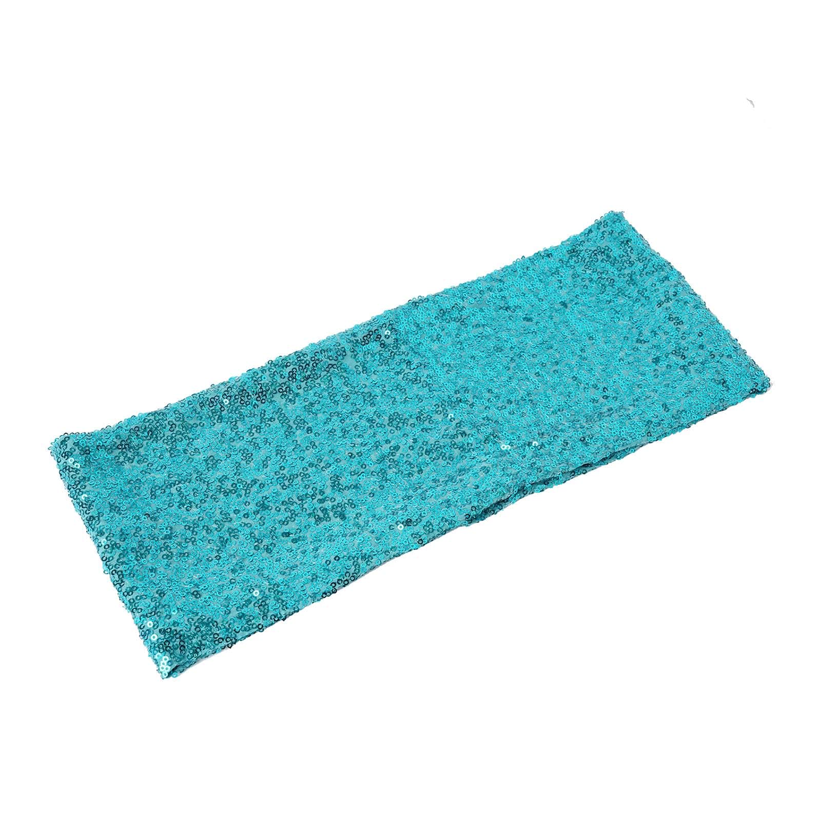 5 Pack Sequin Spandex Chair Sashes Turquoise - Stretch Chair Bands 6"x15" - Linen Luxes
