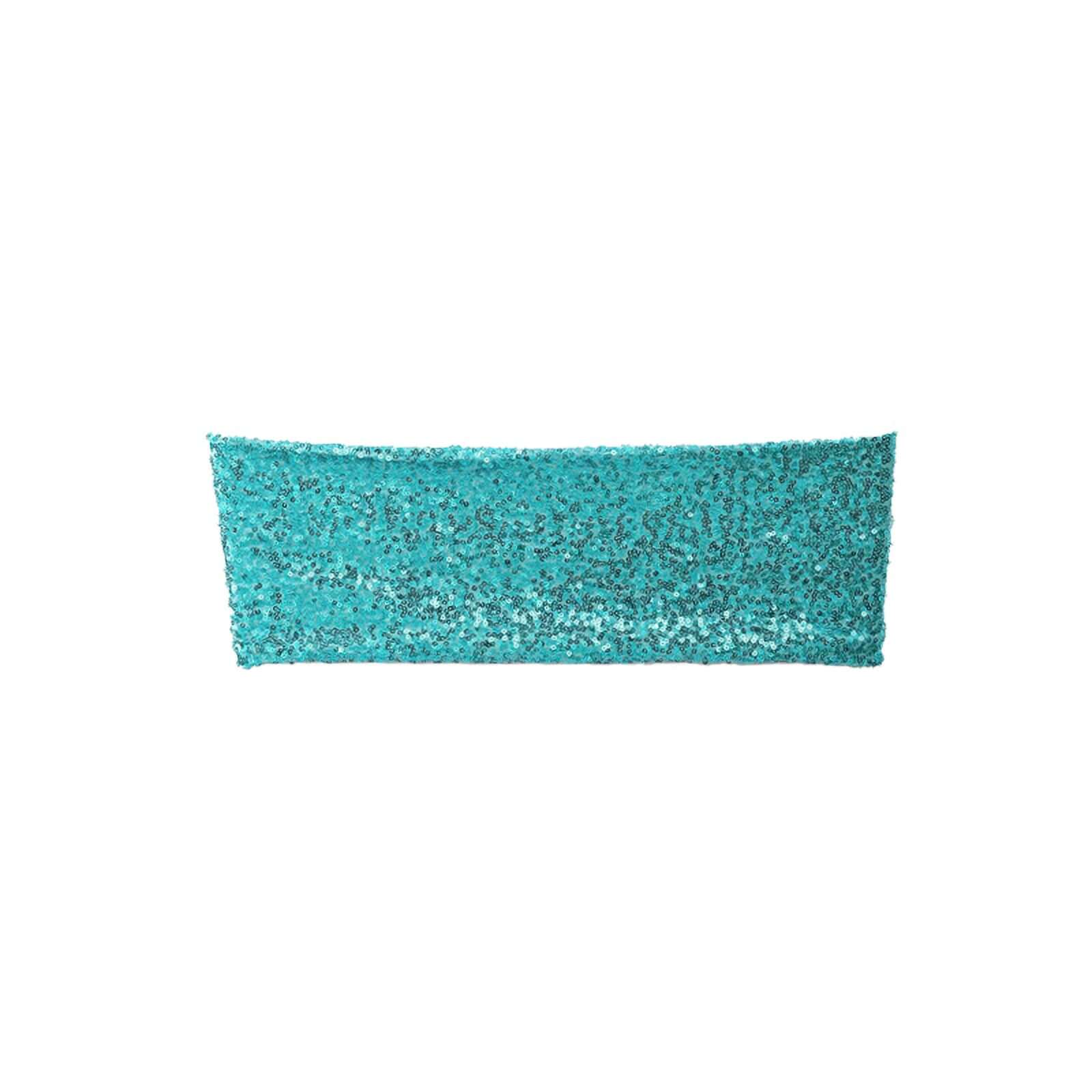 5 Pack Sequin Spandex Chair Sashes Turquoise - Stretch Chair Bands 6"x15" - Linen Luxes