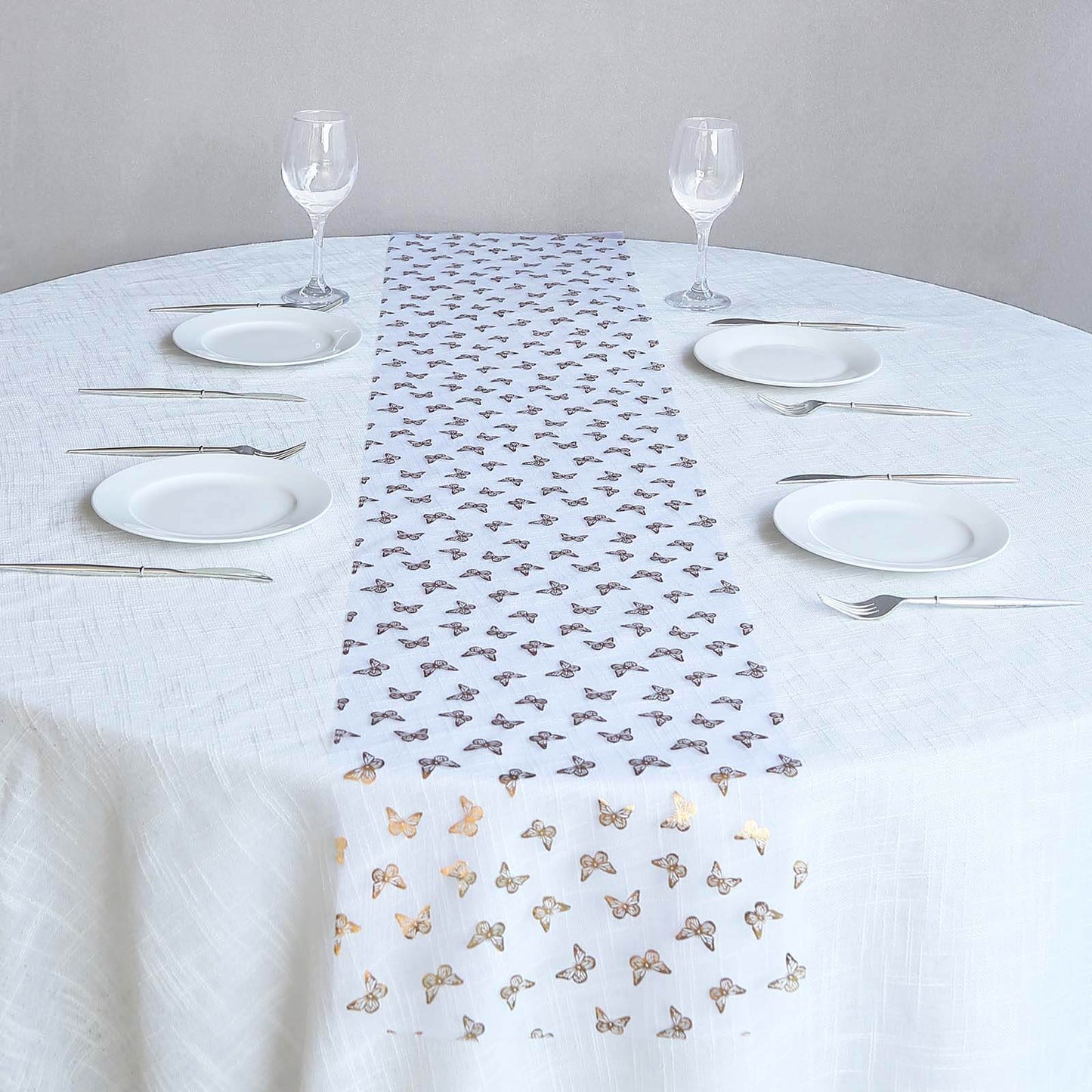 5 Pack Sheer Organza 11"x108" Table Runner Rolls White Disposable with Metallic Gold Foil Butterflies Motifs