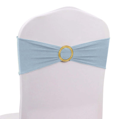 5 Pack Spandex Chair Sashes Dusty Blue with Gold Rhinestone Buckles - Reusable Four-Way Stretch Sash Bands 5"x14"