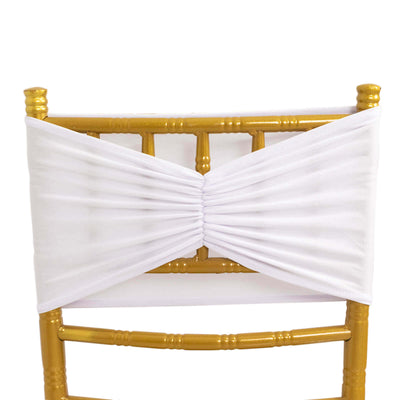 5 Pack Spandex Chair Sashes White Ruffled Style - Wide Easy to Use Stretch Chair Bands for Classy Wedding and Event Decor 8"x13"