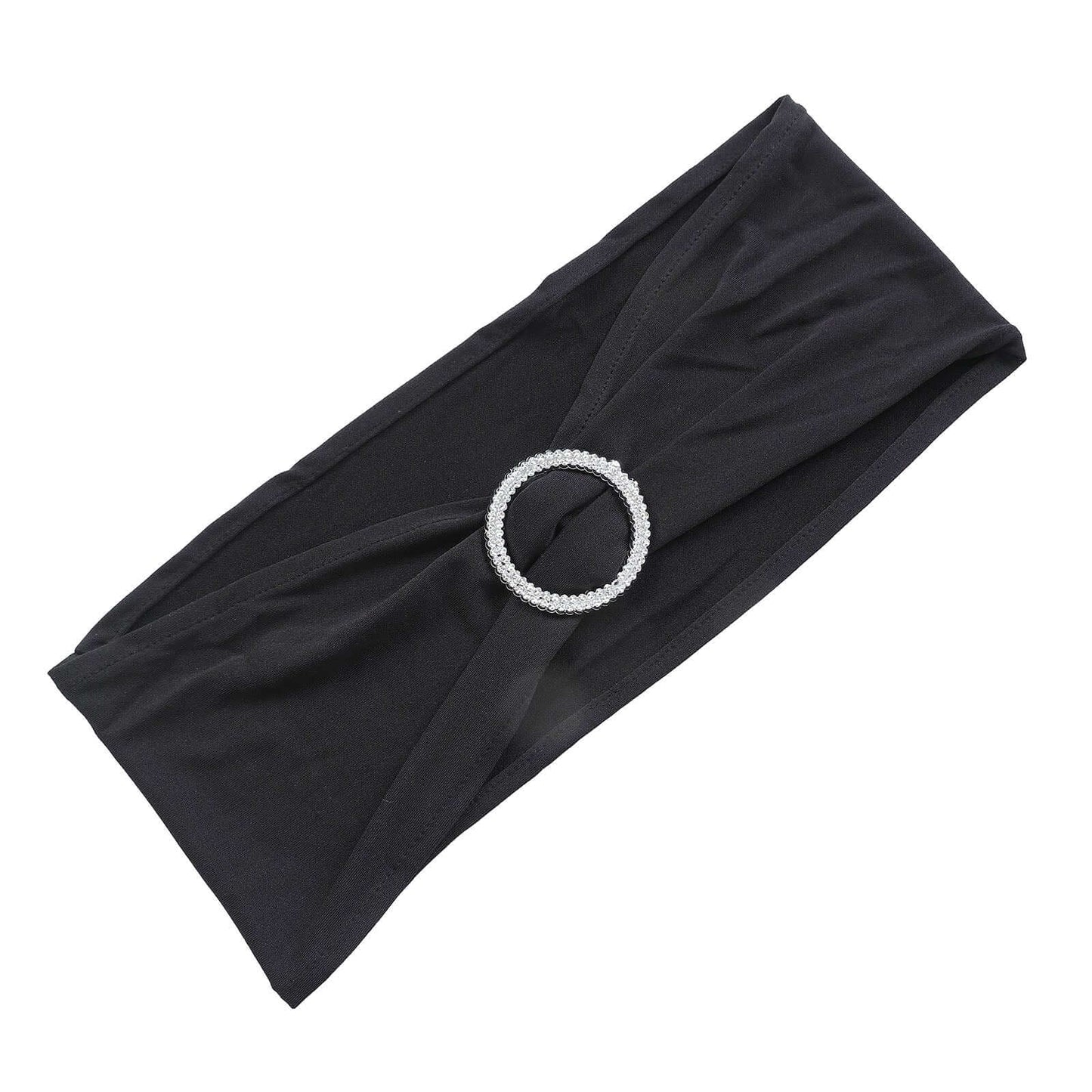 5 Pack Stretch Spandex Chair Sashes Black - Classy Reusable Chair Bands with Silver Diamond Ring Slide Buckle 5"x14" - Linen Luxes
