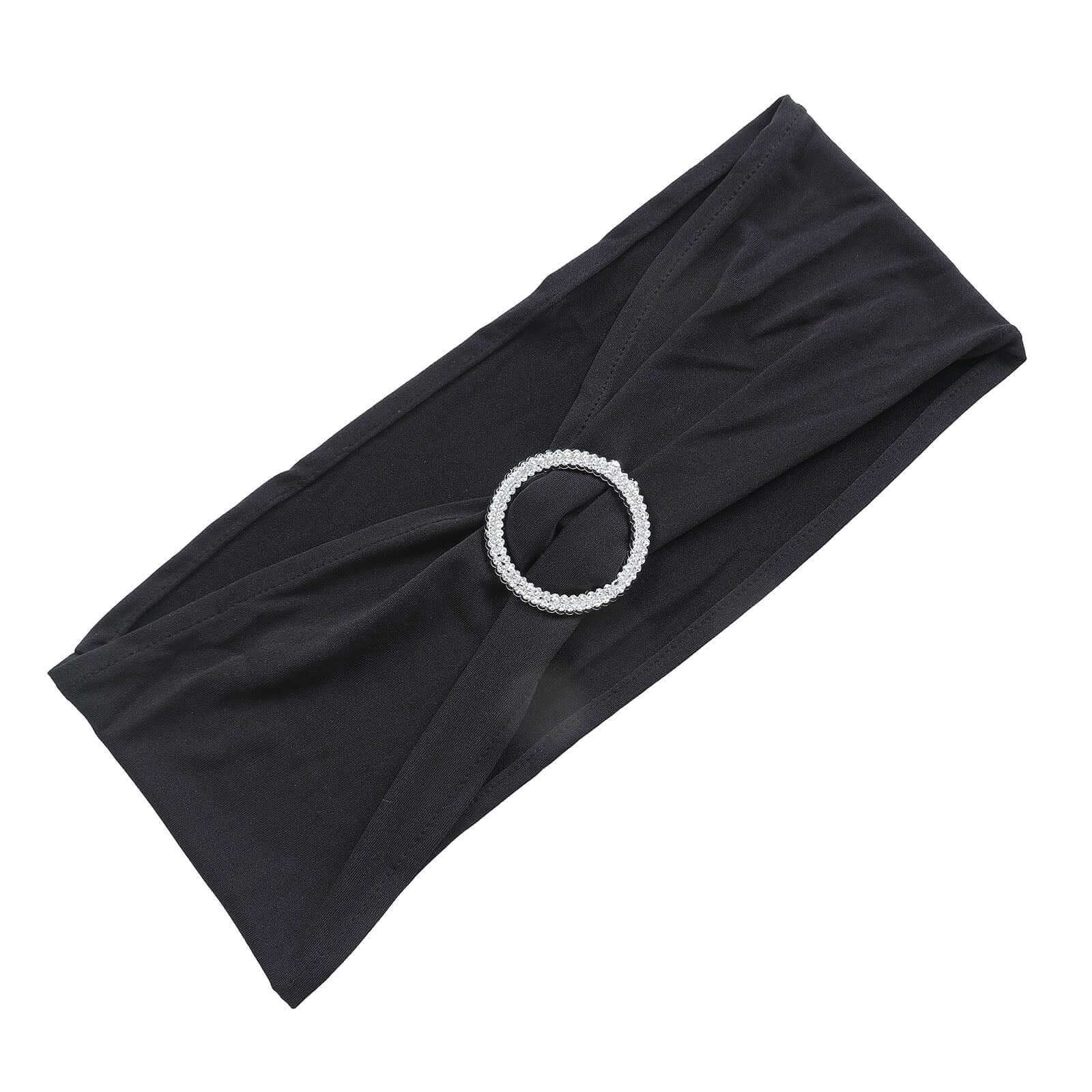 5 Pack Stretch Spandex Chair Sashes Black - Classy Reusable Chair Bands with Silver Diamond Ring Slide Buckle 5"x14" - Linen Luxes