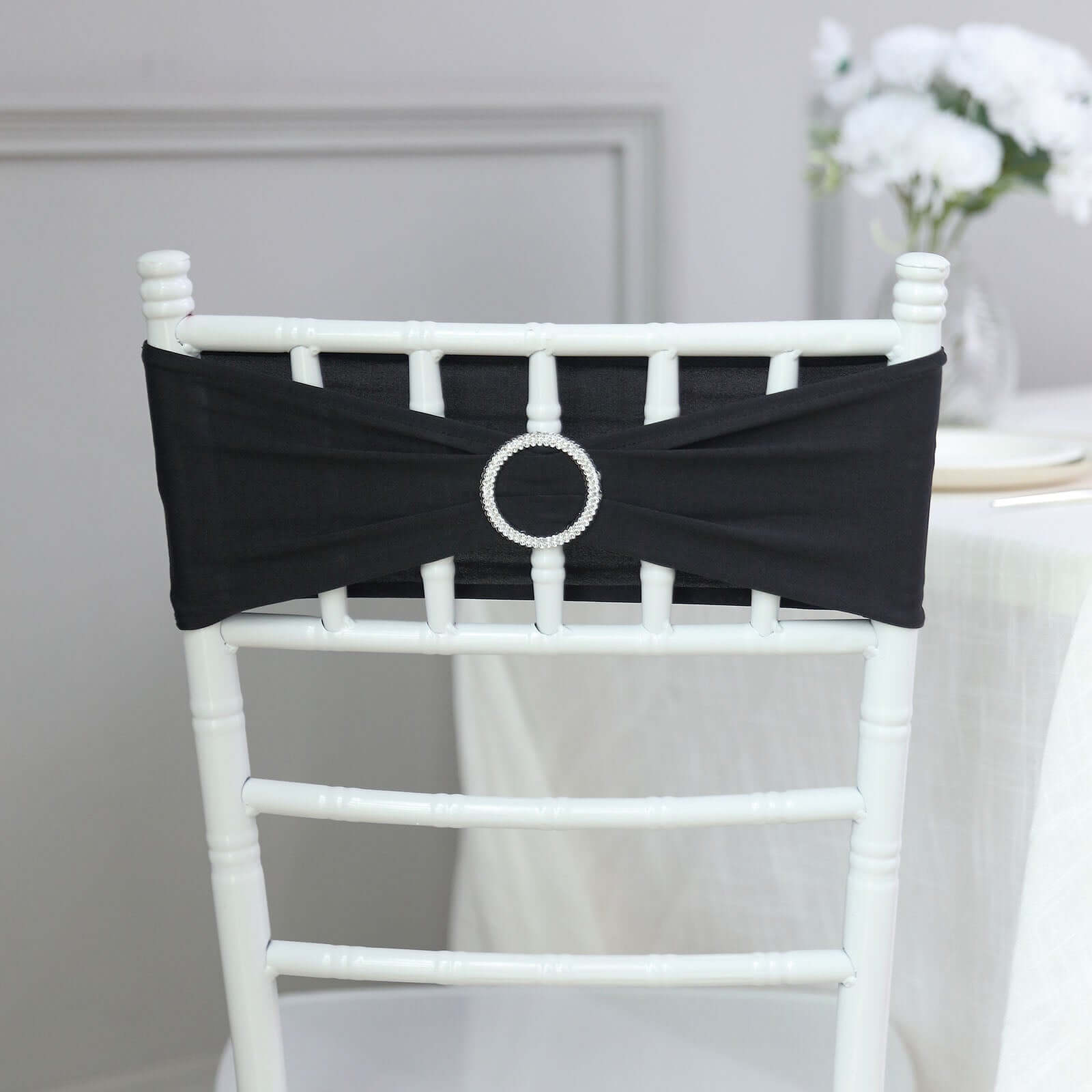 5 Pack Stretch Spandex Chair Sashes Black - Classy Reusable Chair Bands with Silver Diamond Ring Slide Buckle 5"x14" - Linen Luxes