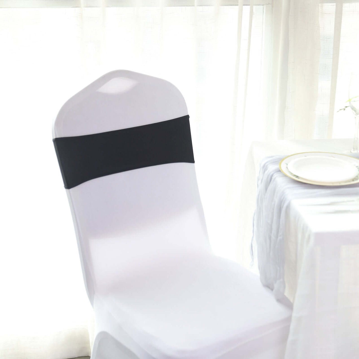 5 Pack Stretch Spandex Chair Sashes Black - Classy Reusable Chair Bands with Silver Diamond Ring Slide Buckle 5"x14" - Linen Luxes