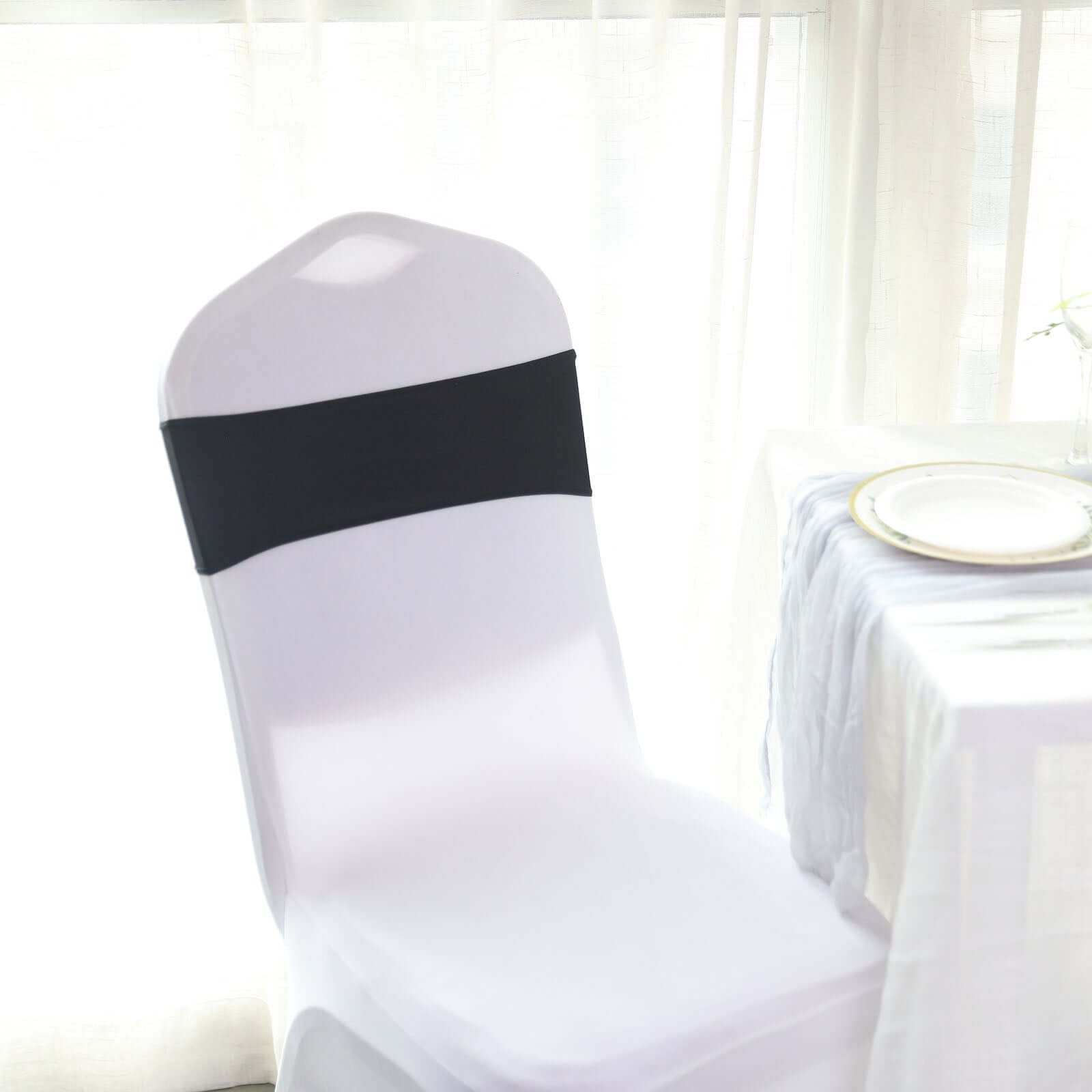 5 Pack Stretch Spandex Chair Sashes Black - Classy Reusable Chair Bands with Silver Diamond Ring Slide Buckle 5"x14" - Linen Luxes