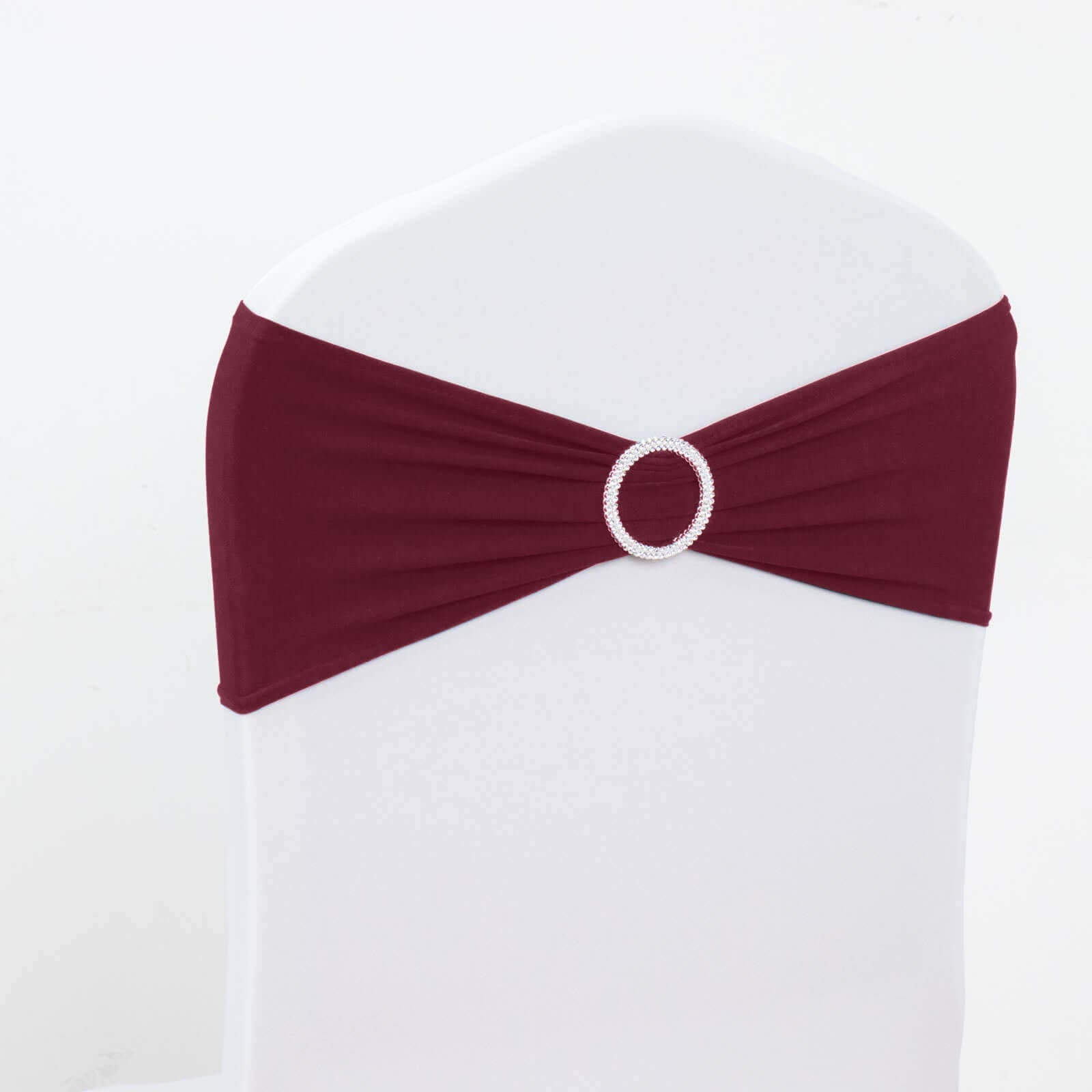 5 Pack Stretch Spandex Chair Sashes Burgundy - Reusable Chair Bands with Silver Diamond Ring Slide Buckle 5"x14" - Linen Luxes