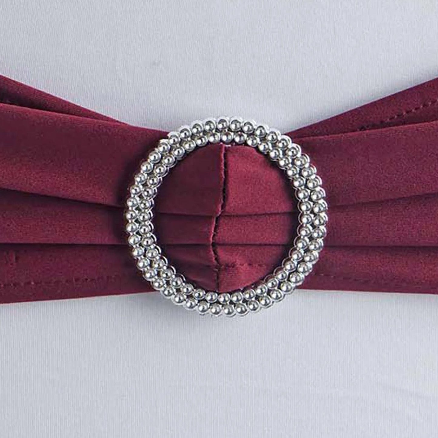 5 Pack Stretch Spandex Chair Sashes Burgundy - Reusable Chair Bands with Silver Diamond Ring Slide Buckle 5"x14" - Linen Luxes
