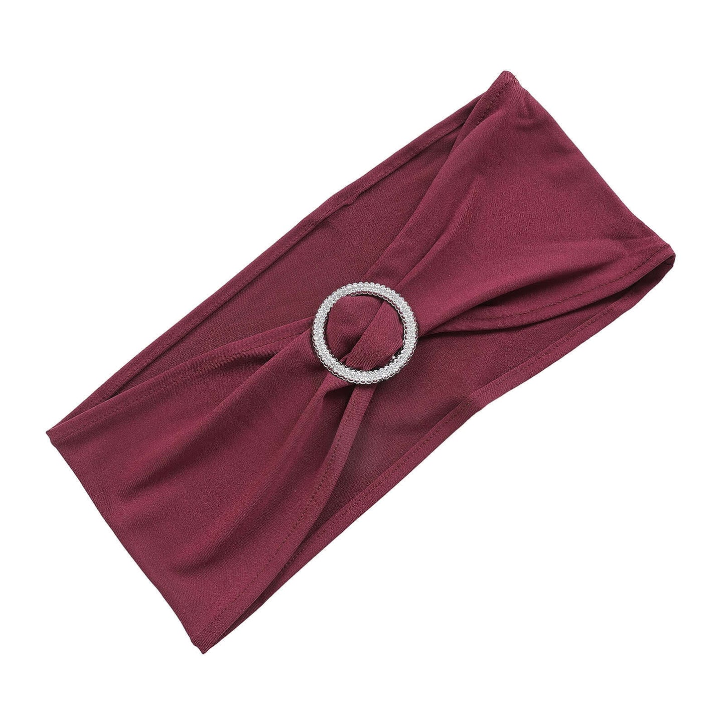 5 Pack Stretch Spandex Chair Sashes Burgundy - Reusable Chair Bands with Silver Diamond Ring Slide Buckle 5"x14" - Linen Luxes