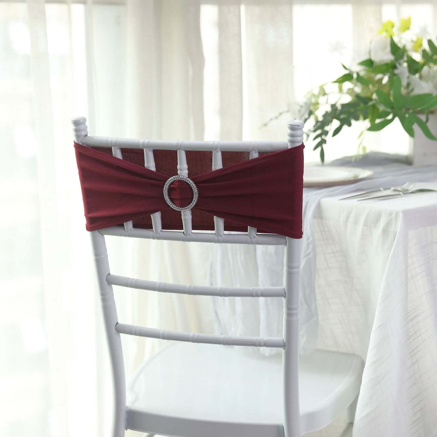5 Pack Stretch Spandex Chair Sashes Burgundy - Reusable Chair Bands with Silver Diamond Ring Slide Buckle 5"x14" - Linen Luxes