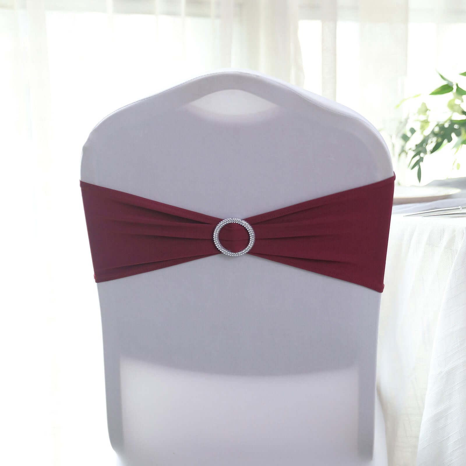 5 Pack Stretch Spandex Chair Sashes Burgundy - Reusable Chair Bands with Silver Diamond Ring Slide Buckle 5"x14" - Linen Luxes