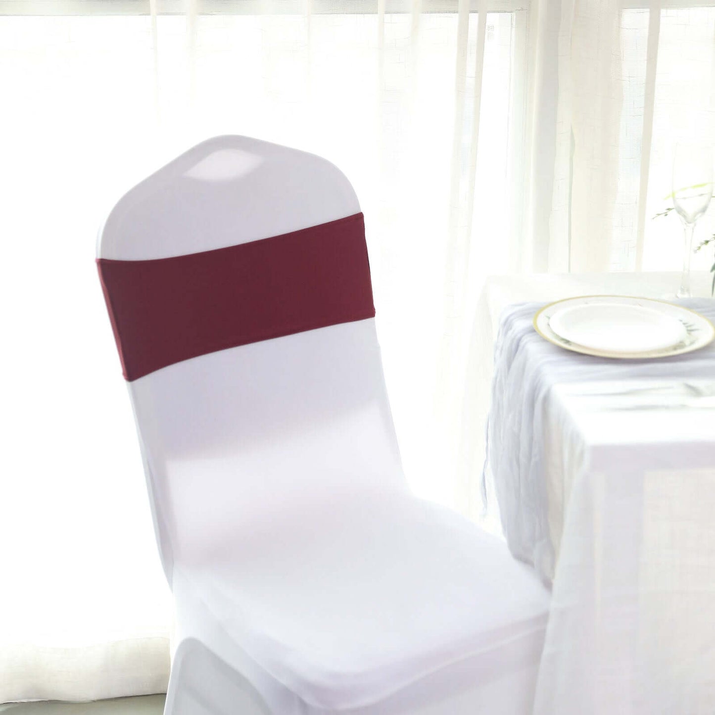 5 Pack Stretch Spandex Chair Sashes Burgundy - Reusable Chair Bands with Silver Diamond Ring Slide Buckle 5"x14" - Linen Luxes