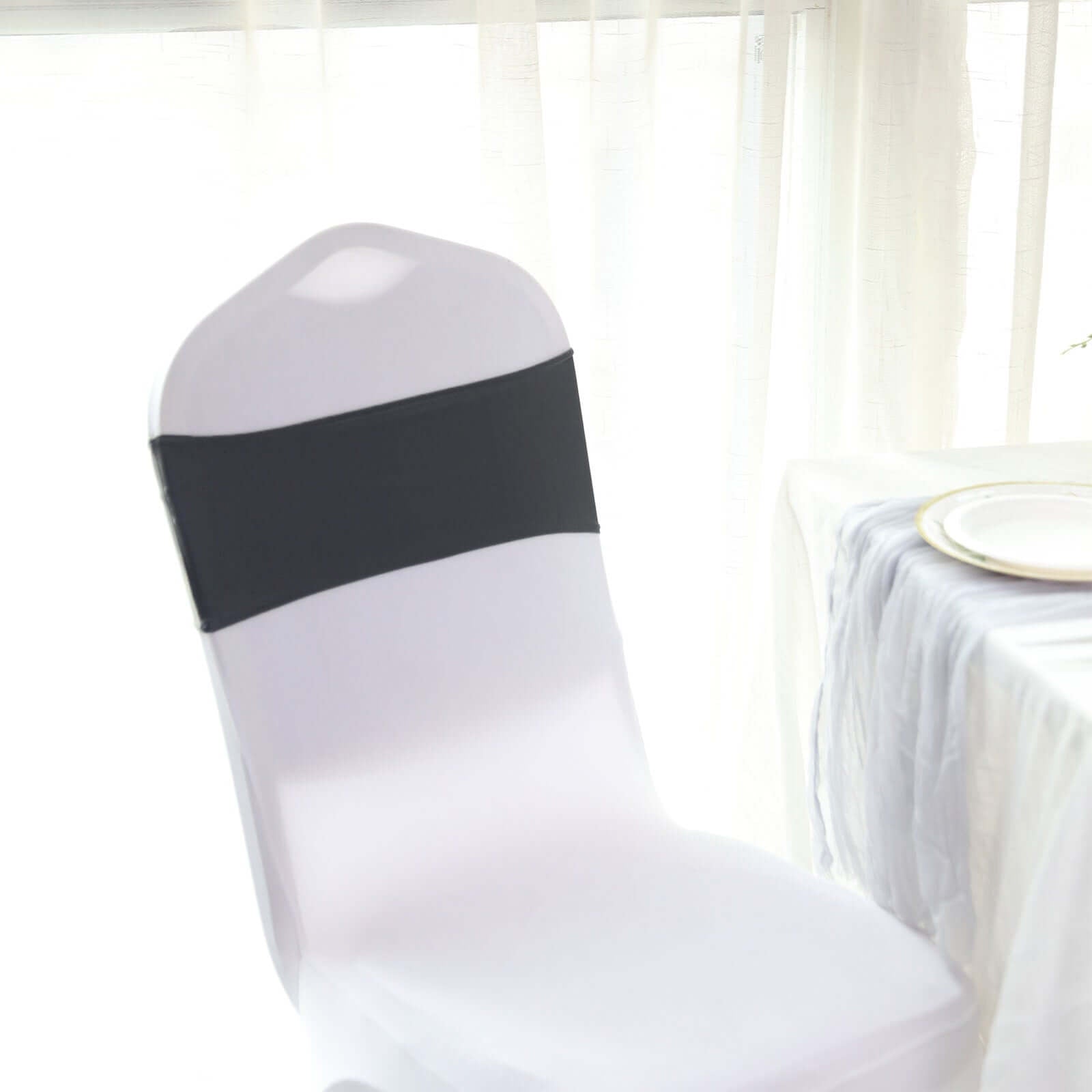 5 Pack Stretch Spandex Chair Sashes Charcoal Gray - Reusable Chair Bands with Silver Diamond Ring Slide Buckle 5"x14" - Linen Luxes
