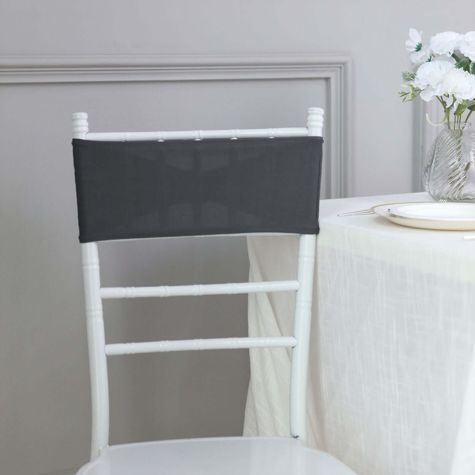 5 Pack Stretch Spandex Chair Sashes Charcoal Gray - Reusable Chair Bands with Silver Diamond Ring Slide Buckle 5"x14" - Linen Luxes