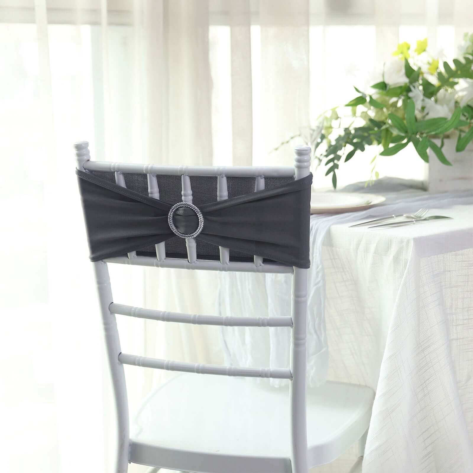 5 Pack Stretch Spandex Chair Sashes Charcoal Gray - Reusable Chair Bands with Silver Diamond Ring Slide Buckle 5"x14" - Linen Luxes