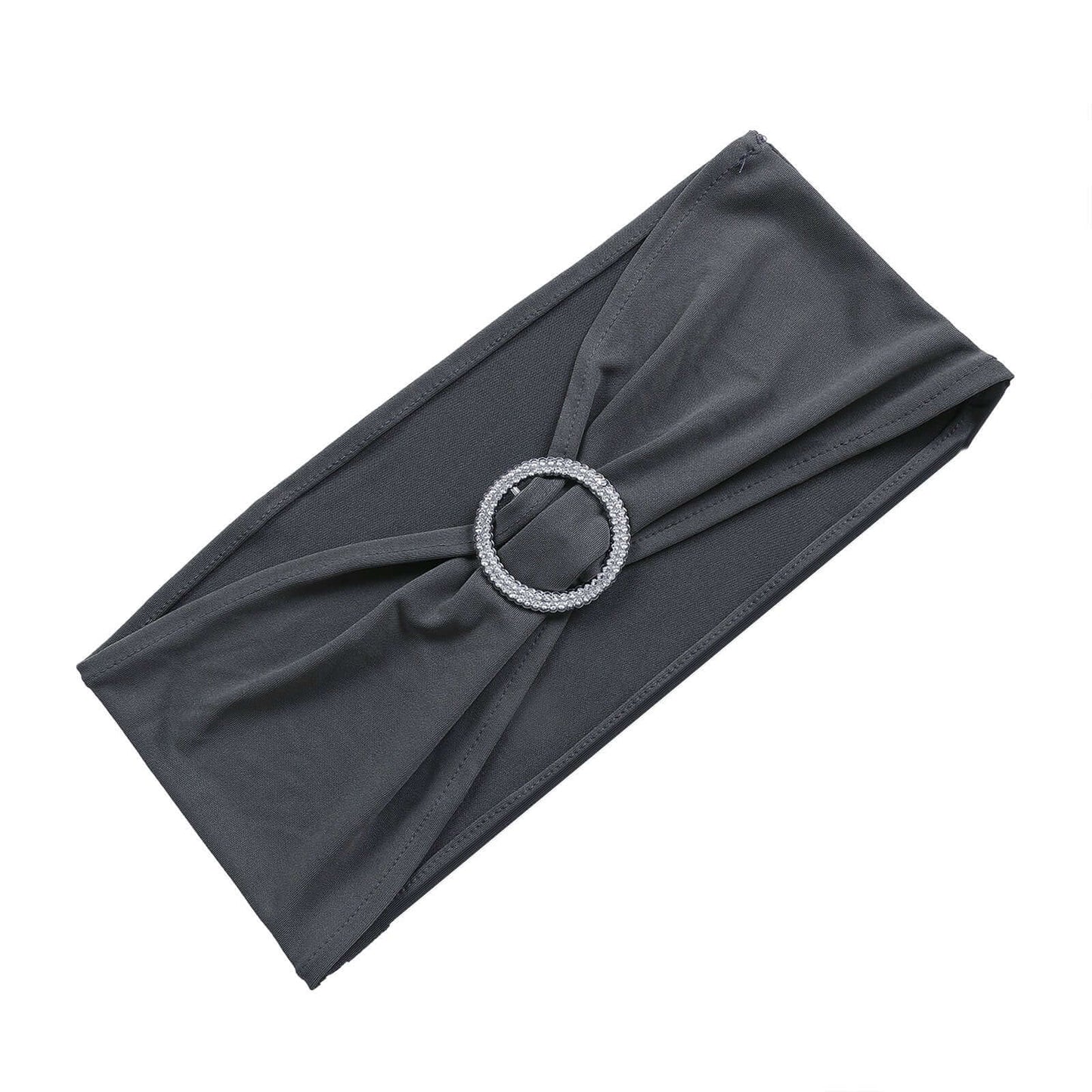 5 Pack Stretch Spandex Chair Sashes Charcoal Gray - Reusable Chair Bands with Silver Diamond Ring Slide Buckle 5"x14" - Linen Luxes