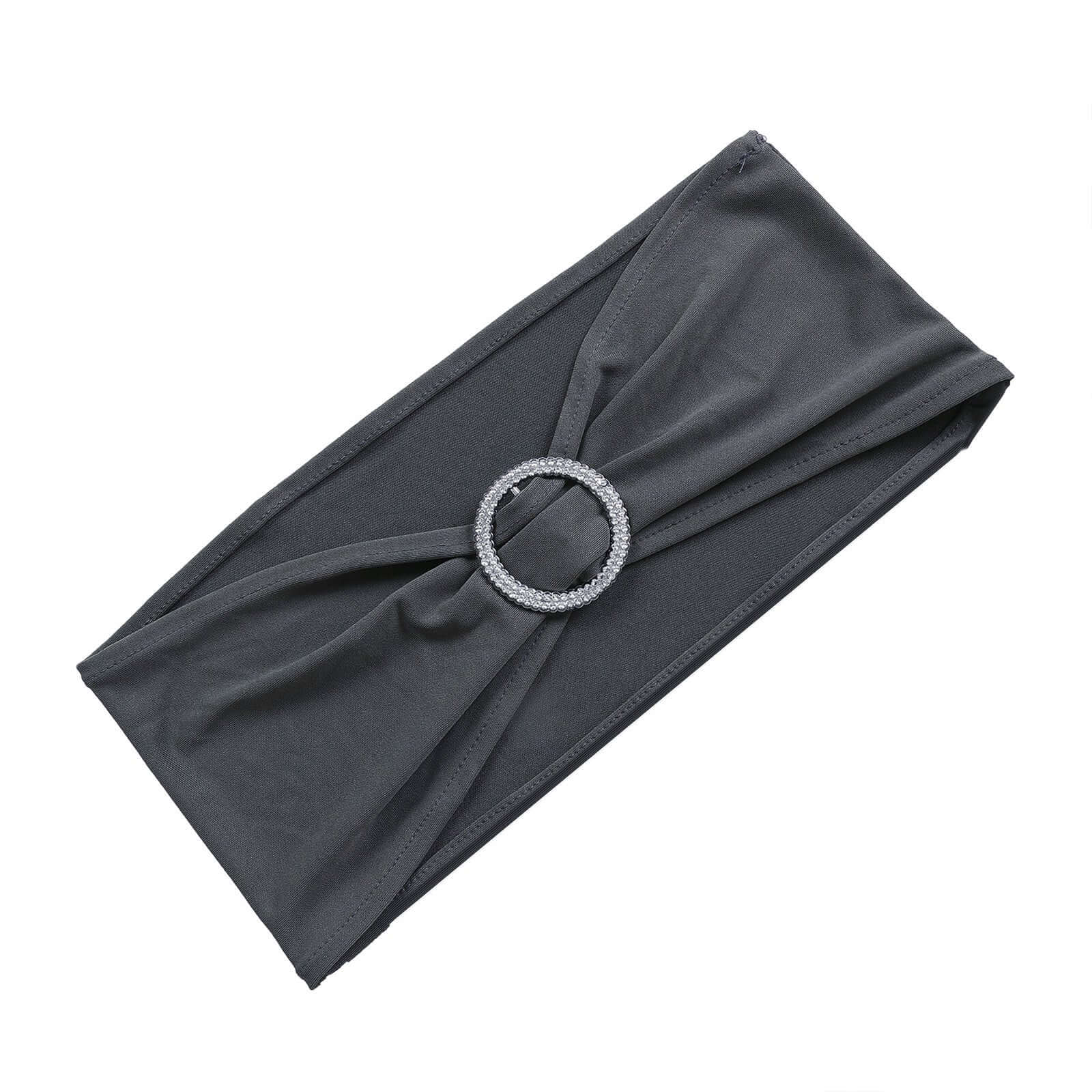 5 Pack Stretch Spandex Chair Sashes Charcoal Gray - Reusable Chair Bands with Silver Diamond Ring Slide Buckle 5"x14" - Linen Luxes