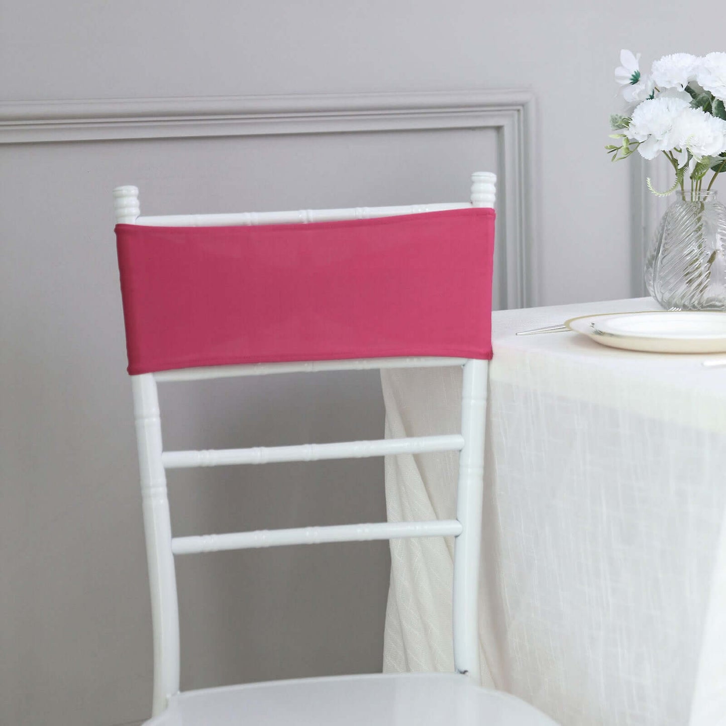 5 Pack Stretch Spandex Chair Sashes Fuchsia - Reusable Chair Bands with Silver Diamond Ring Slide Buckle 5"x14" - Linen Luxes