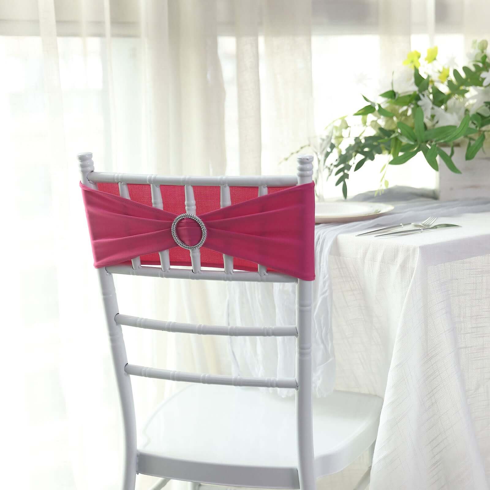 5 Pack Stretch Spandex Chair Sashes Fuchsia - Reusable Chair Bands with Silver Diamond Ring Slide Buckle 5"x14" - Linen Luxes