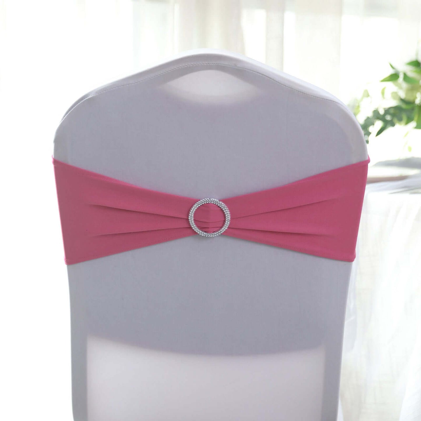 5 Pack Stretch Spandex Chair Sashes Fuchsia - Reusable Chair Bands with Silver Diamond Ring Slide Buckle 5"x14" - Linen Luxes