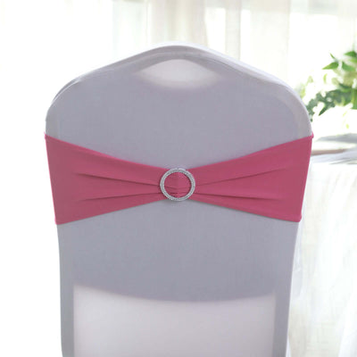 5 Pack Stretch Spandex Chair Sashes Fuchsia - Reusable Chair Bands with Silver Diamond Ring Slide Buckle 5"x14" - Linen Luxes