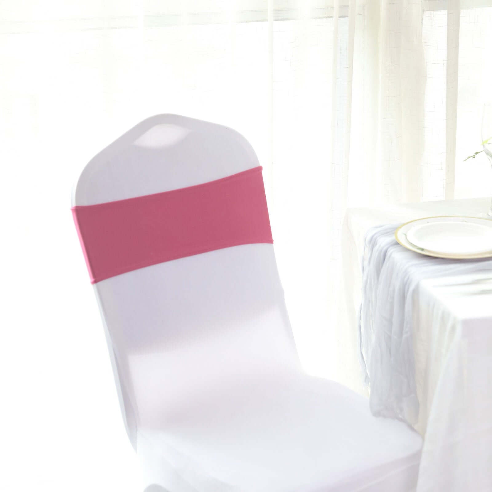 5 Pack Stretch Spandex Chair Sashes Fuchsia - Reusable Chair Bands with Silver Diamond Ring Slide Buckle 5"x14" - Linen Luxes