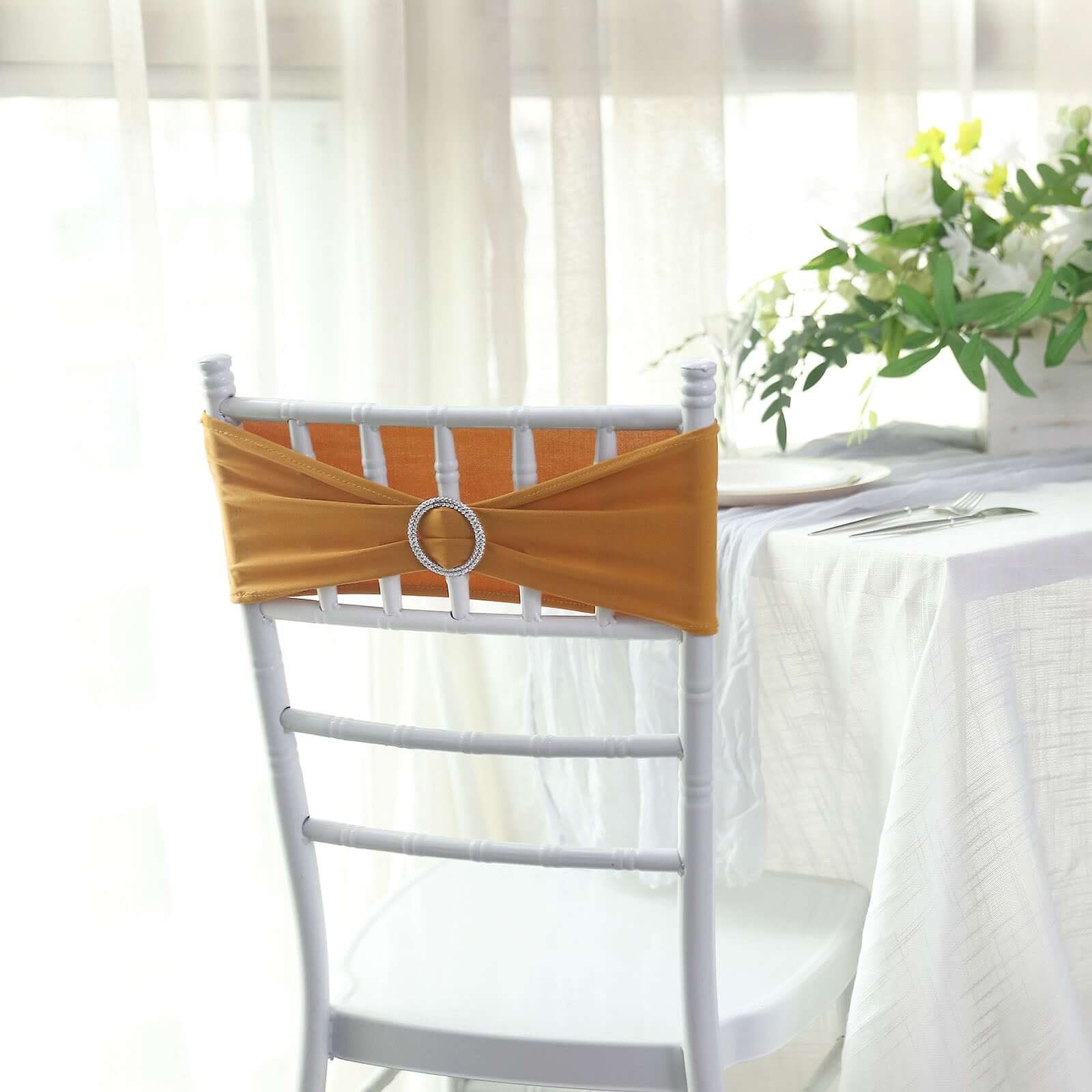 5 Pack Stretch Spandex Chair Sashes Gold - Classy Reusable Chair Bands with Silver Diamond Ring Slide Buckle 5"x14" - Linen Luxes