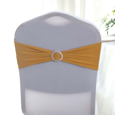 5 Pack Stretch Spandex Chair Sashes Gold - Classy Reusable Chair Bands with Silver Diamond Ring Slide Buckle 5"x14" - Linen Luxes