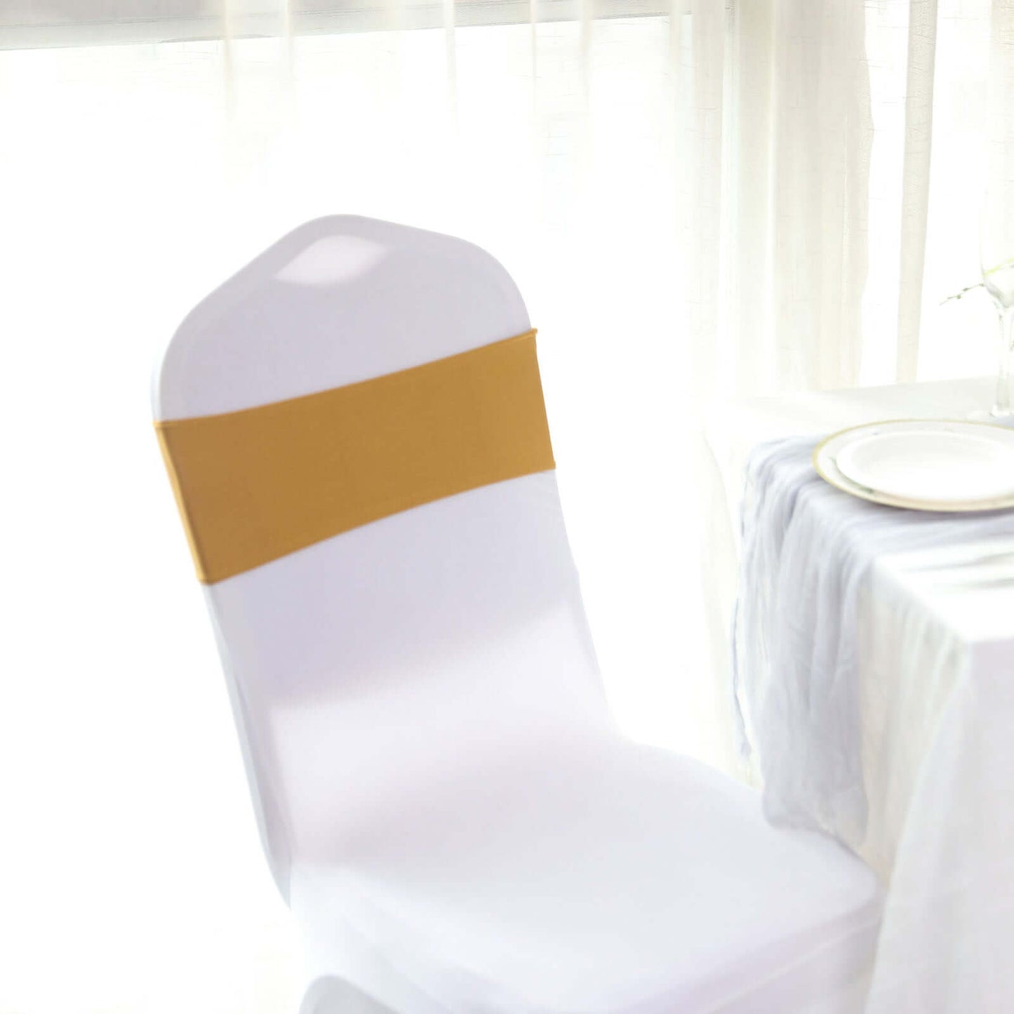 5 Pack Stretch Spandex Chair Sashes Gold - Classy Reusable Chair Bands with Silver Diamond Ring Slide Buckle 5"x14" - Linen Luxes