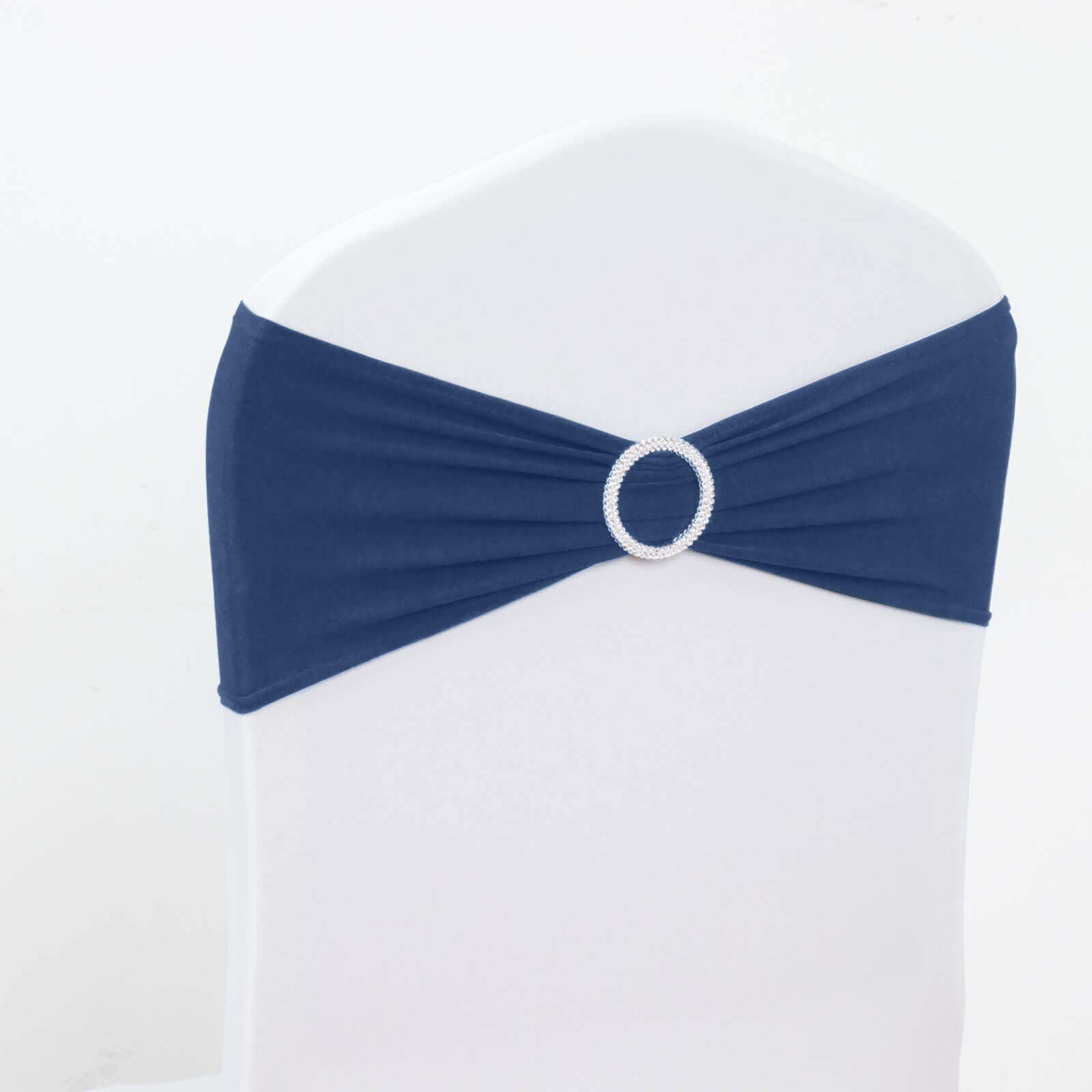 5 Pack Stretch Spandex Chair Sashes Navy Blue - Reusable Chair Bands with Silver Diamond Ring Slide Buckle 5"x14" - Linen Luxes