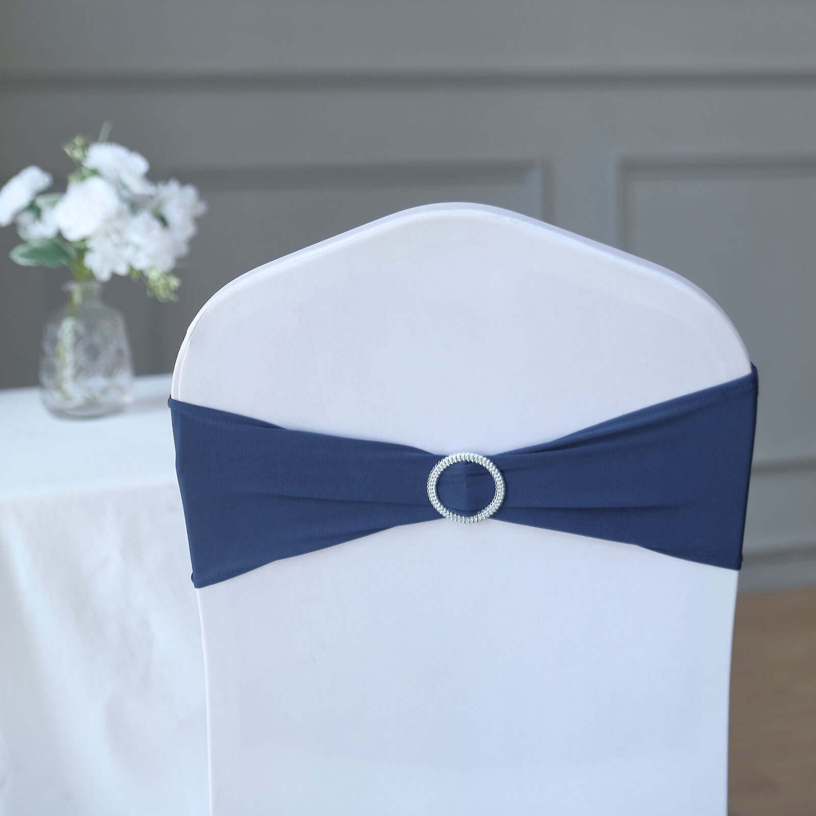 5 Pack Stretch Spandex Chair Sashes Navy Blue - Reusable Chair Bands with Silver Diamond Ring Slide Buckle 5"x14" - Linen Luxes