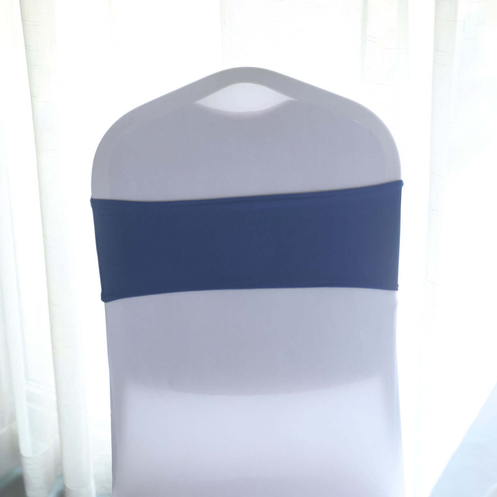5 Pack Stretch Spandex Chair Sashes Navy Blue - Reusable Chair Bands with Silver Diamond Ring Slide Buckle 5"x14" - Linen Luxes