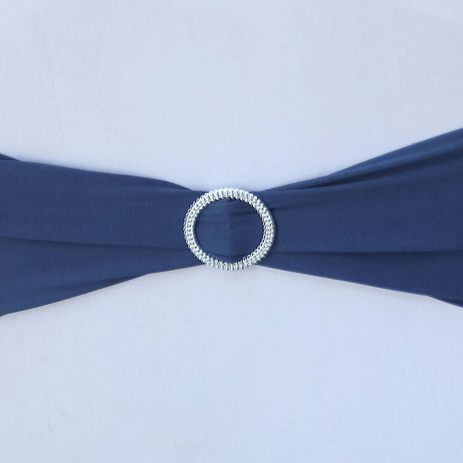5 Pack Stretch Spandex Chair Sashes Navy Blue - Reusable Chair Bands with Silver Diamond Ring Slide Buckle 5"x14" - Linen Luxes