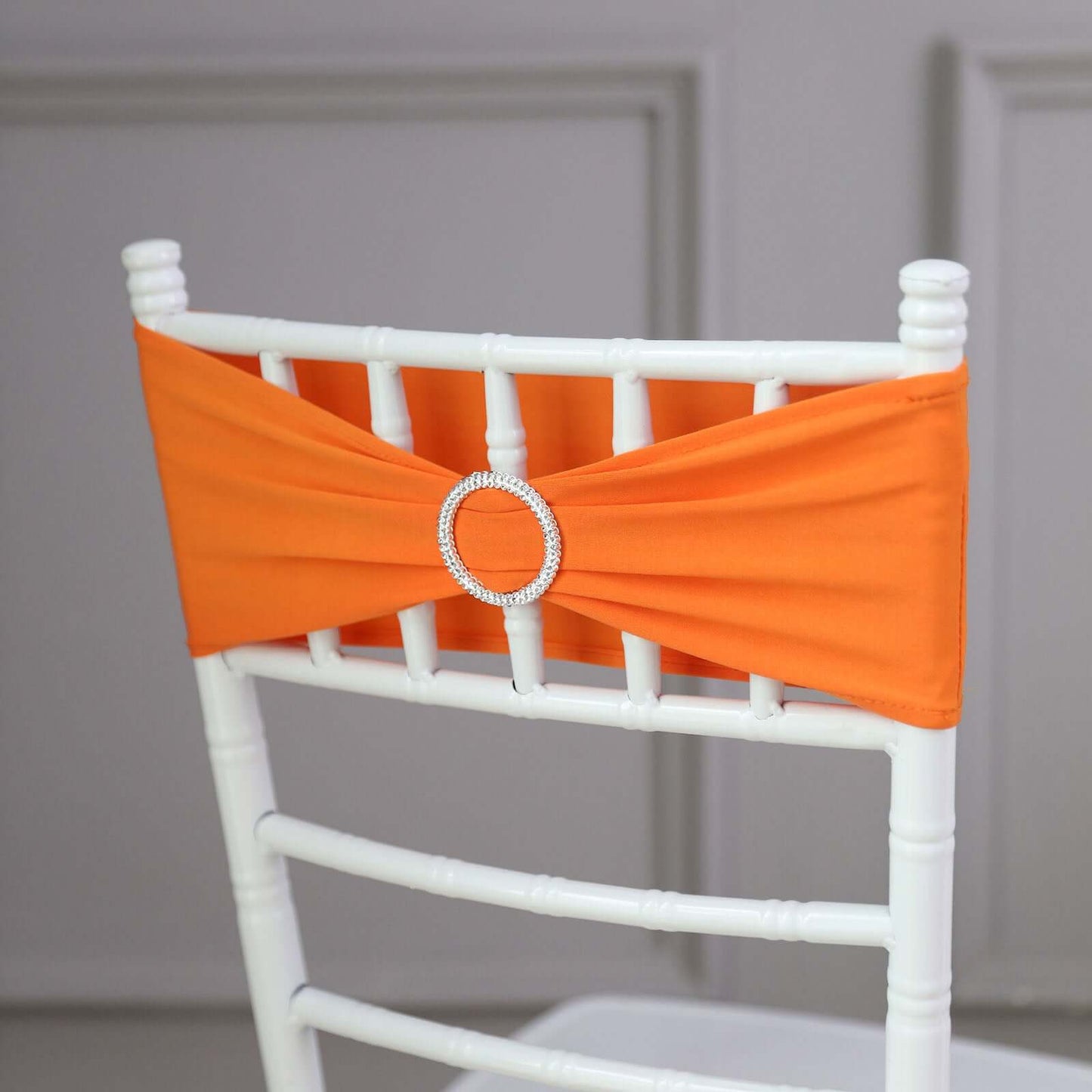 5 Pack Stretch Spandex Chair Sashes Orange - Reusable Chair Bands with Silver Diamond Ring Slide Buckle 5"x14" - Linen Luxes