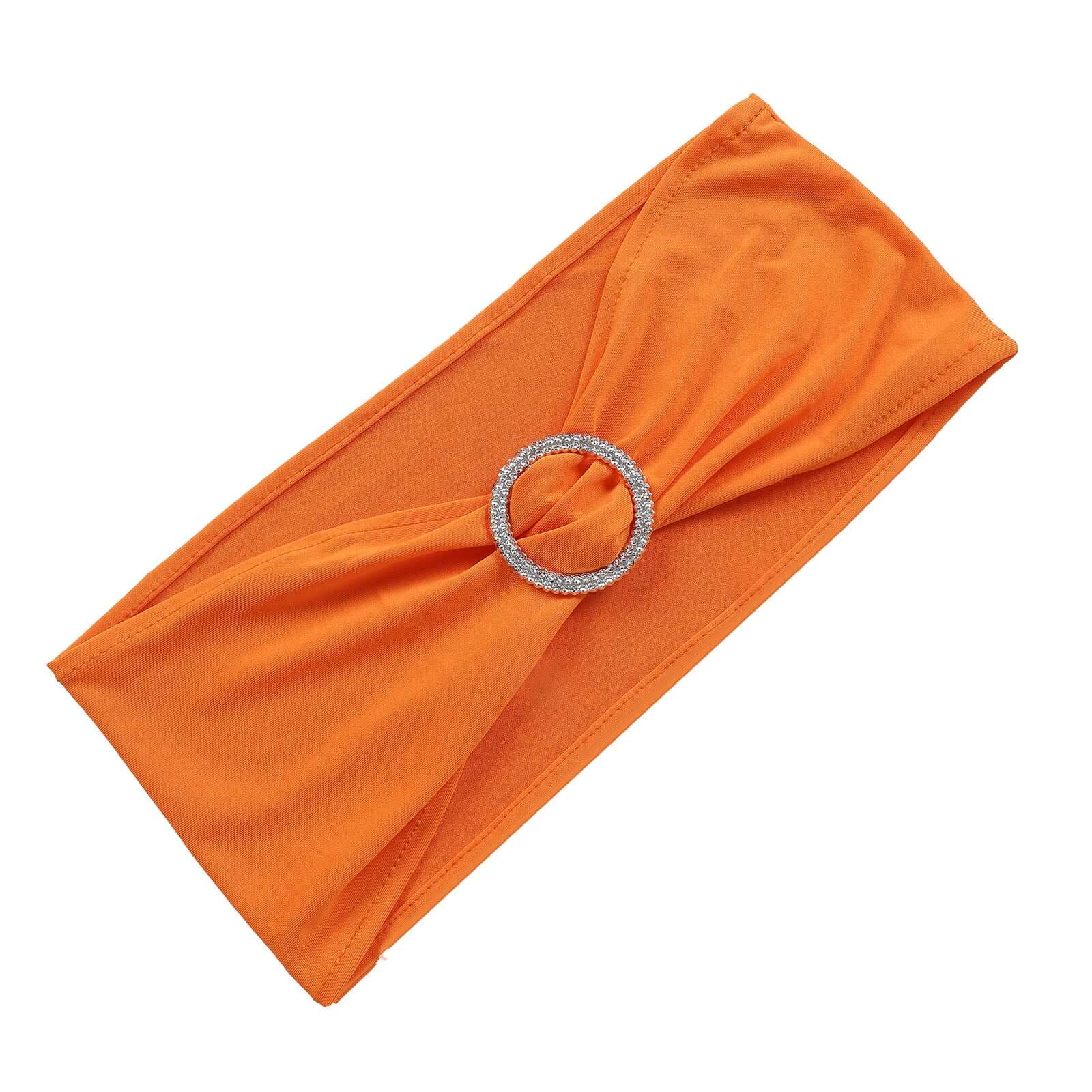 5 Pack Stretch Spandex Chair Sashes Orange - Reusable Chair Bands with Silver Diamond Ring Slide Buckle 5"x14" - Linen Luxes