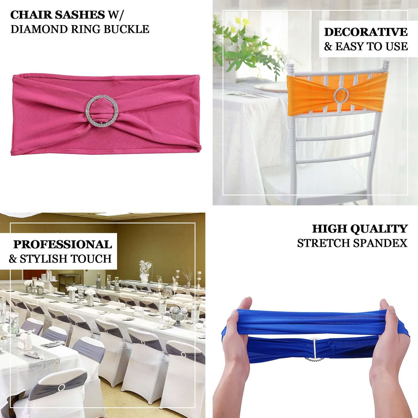 5 Pack Stretch Spandex Chair Sashes Orange - Reusable Chair Bands with Silver Diamond Ring Slide Buckle 5"x14" - Linen Luxes