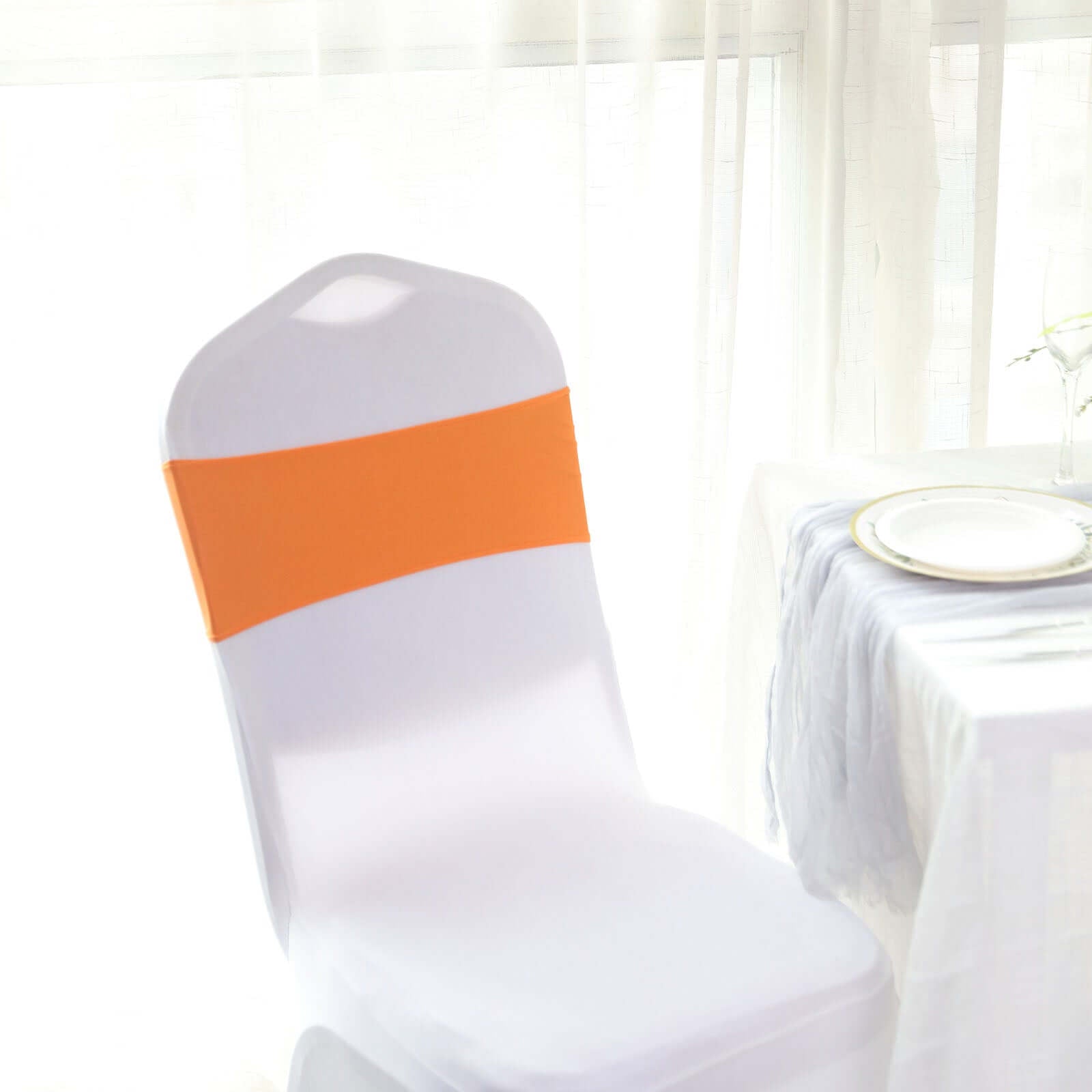 5 Pack Stretch Spandex Chair Sashes Orange - Reusable Chair Bands with Silver Diamond Ring Slide Buckle 5"x14" - Linen Luxes