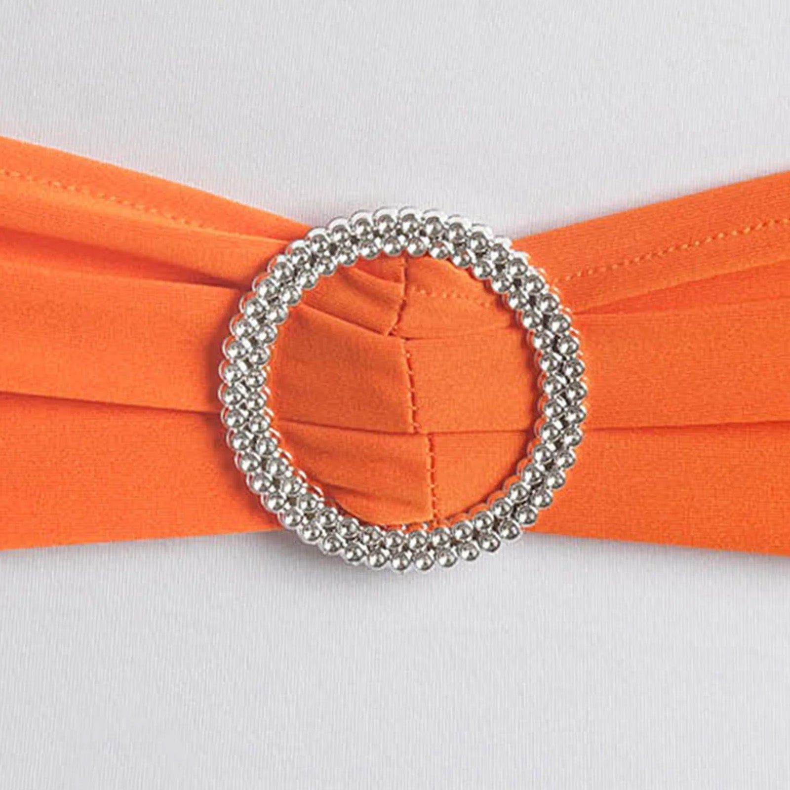 5 Pack Stretch Spandex Chair Sashes Orange - Reusable Chair Bands with Silver Diamond Ring Slide Buckle 5"x14" - Linen Luxes