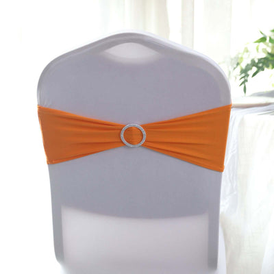 5 Pack Stretch Spandex Chair Sashes Orange - Reusable Chair Bands with Silver Diamond Ring Slide Buckle 5"x14" - Linen Luxes
