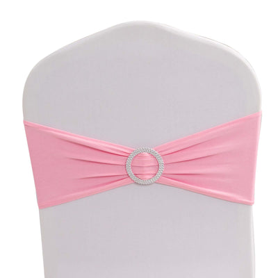 5 Pack Stretch Spandex Chair Sashes Pink - Reusable Chair Bands with Silver Diamond Ring Slide Buckle 5"x14" - Linen Luxes