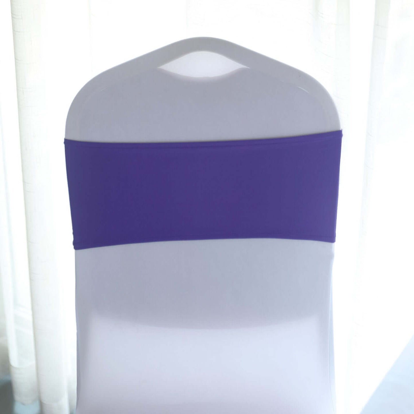 5 Pack Stretch Spandex Chair Sashes Purple - Reusable Chair Bands with Silver Diamond Ring Slide Buckle 5"x14" - Linen Luxes