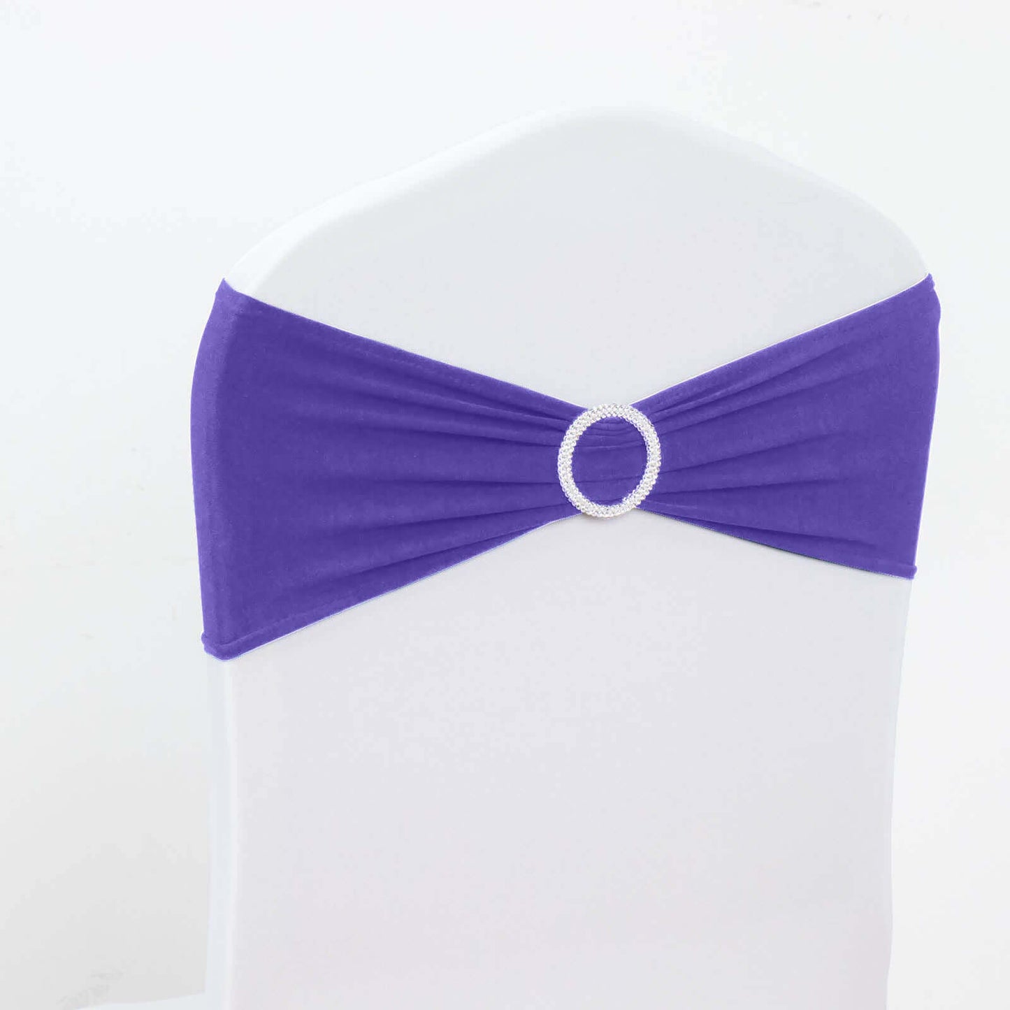 5 Pack Stretch Spandex Chair Sashes Purple - Reusable Chair Bands with Silver Diamond Ring Slide Buckle 5"x14" - Linen Luxes