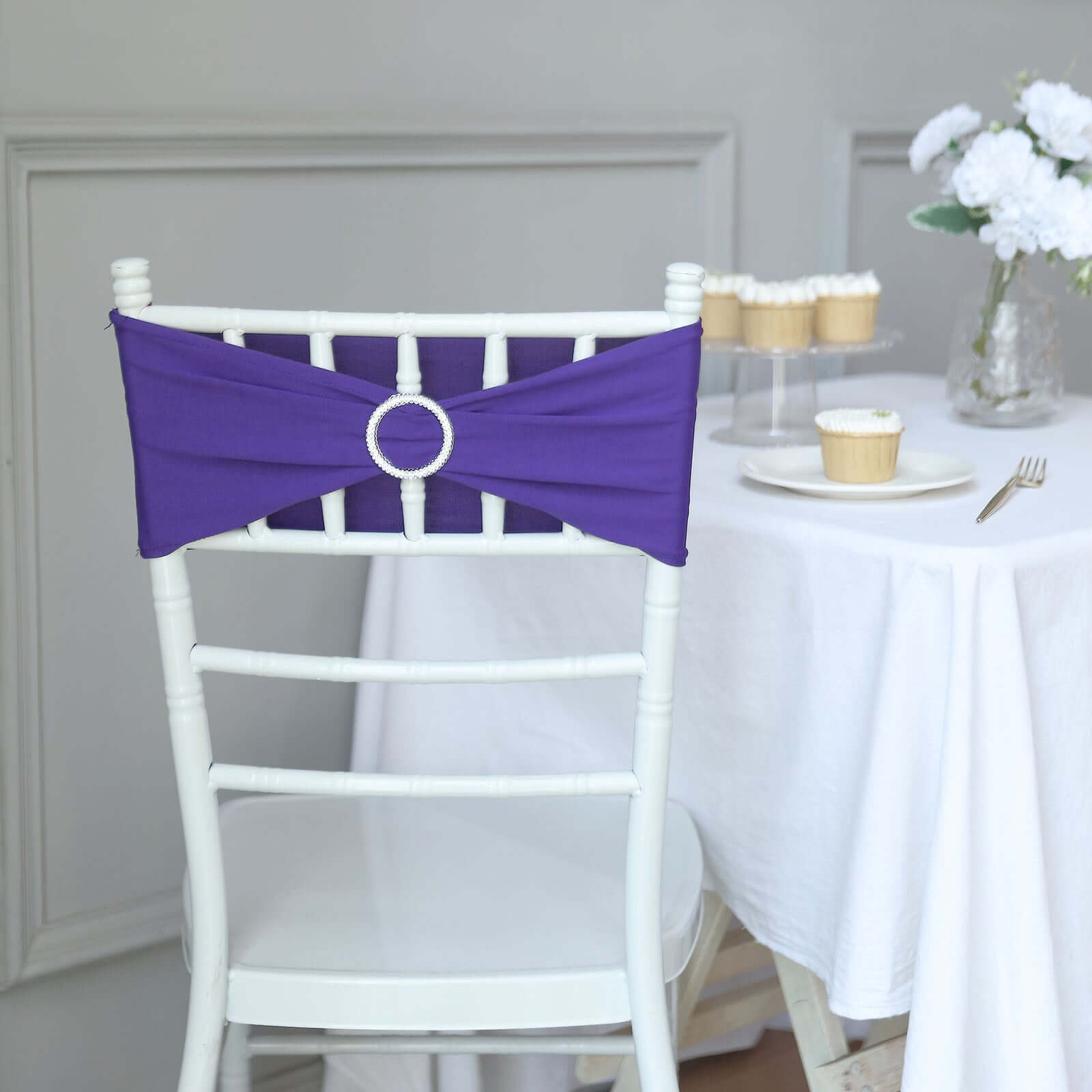5 Pack Stretch Spandex Chair Sashes Purple - Reusable Chair Bands with Silver Diamond Ring Slide Buckle 5"x14" - Linen Luxes